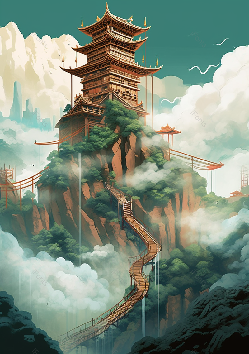 中国风绿色云景国风幻想建筑插画,插画/手绘图,插画/手绘图库,插画/手绘图下载,插画/手绘